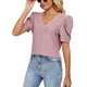 thumbnail image 1 of Camisa de manga abombada con cuello en V para mujer, Top de manga corta, camisa delgada holgada con agujeros, color rosa oscuro S, 1 of 6
