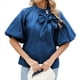 thumbnail image 1 of Camisa Vaquera de Cuello Alto con Botones y Lazo para Mujer, Mangas Abullonadas Elásticas, Corte Holgado, Top Corto de Mezclilla. Azul Oscuro XL, 1 of 9