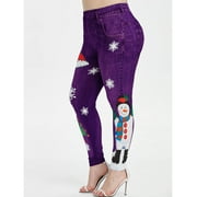 Women Fashion Christmas Snowman Snowflake Print Jeggings Fuax Jean Leggings Slim Fit Casual Leggings Pants Trousers Plus Size S-5XL