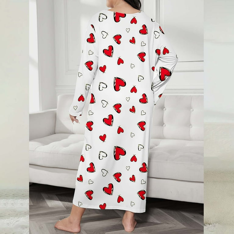 Texiao Plus Size Casual Sleep Dress Women's Plus Heart Print Long Sleeve Round Neck Medium Stretch Loose Nightdress, Organic Cotton Nightgowns for