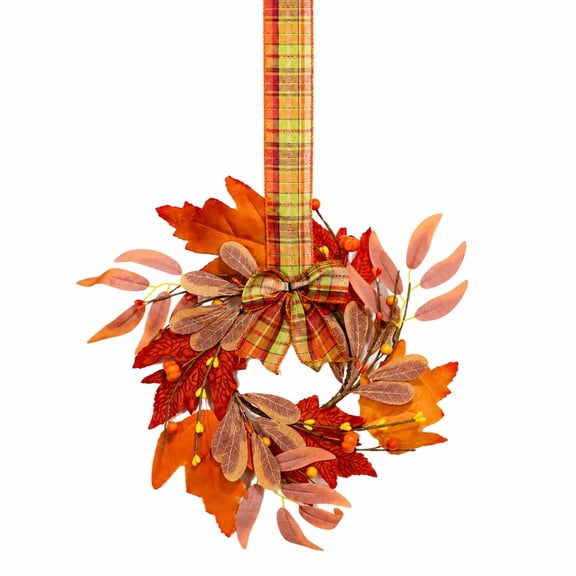 Small Fall Wreaths for Kitchen Cabinet Pumpkin Maple Leaf Berry Wreaths with Rustic Bows for Home Door Table Wall Window Farmhouse Decor