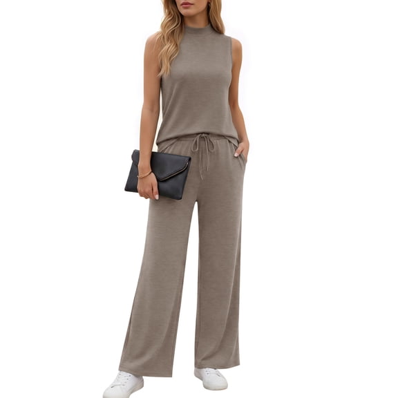 MOYIKO 2 Piece Sets for Women Casual Summer Outfits Sleeveless Tops and Wide Leg Pants with Pockets Travel Vacation Lounge Sets