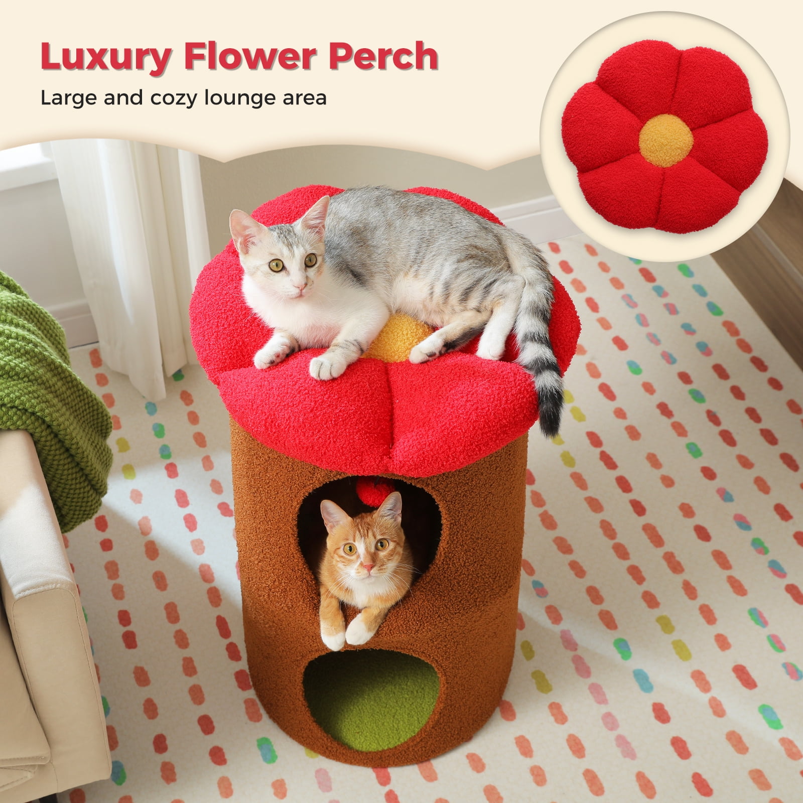 Pefilos 28" 2-Level Cat House Condo with Tree, 2 Cave Bed & Removable Flower Cat Cushion, Brown