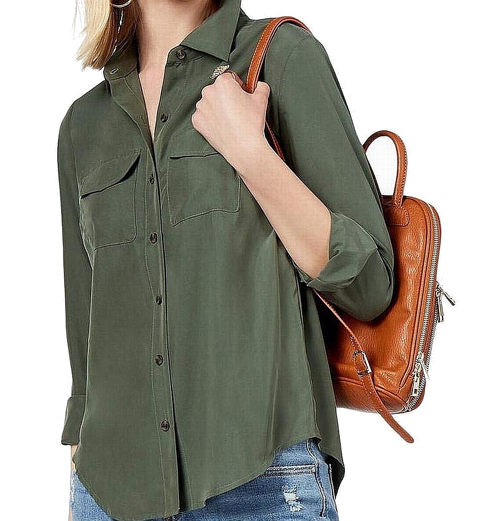 INC INC Olive Womens Small Petite Button Down Blouse