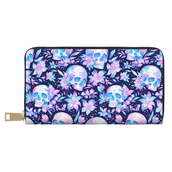 Leather Thin Slim Wallets for Women Men - crystal Skull flower leaf Clutch Card Wallet for Women Men with Zipper