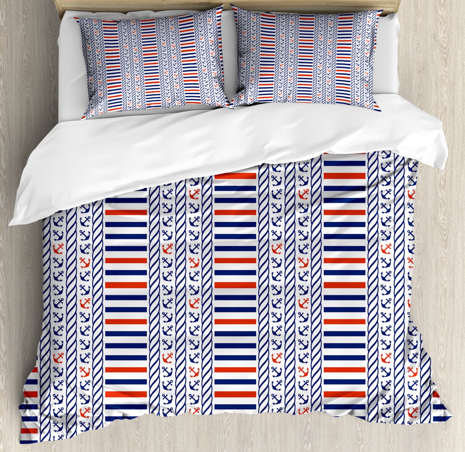 Nautical Decor Queen Size Duvet Cover Set, Maritime Pattern with