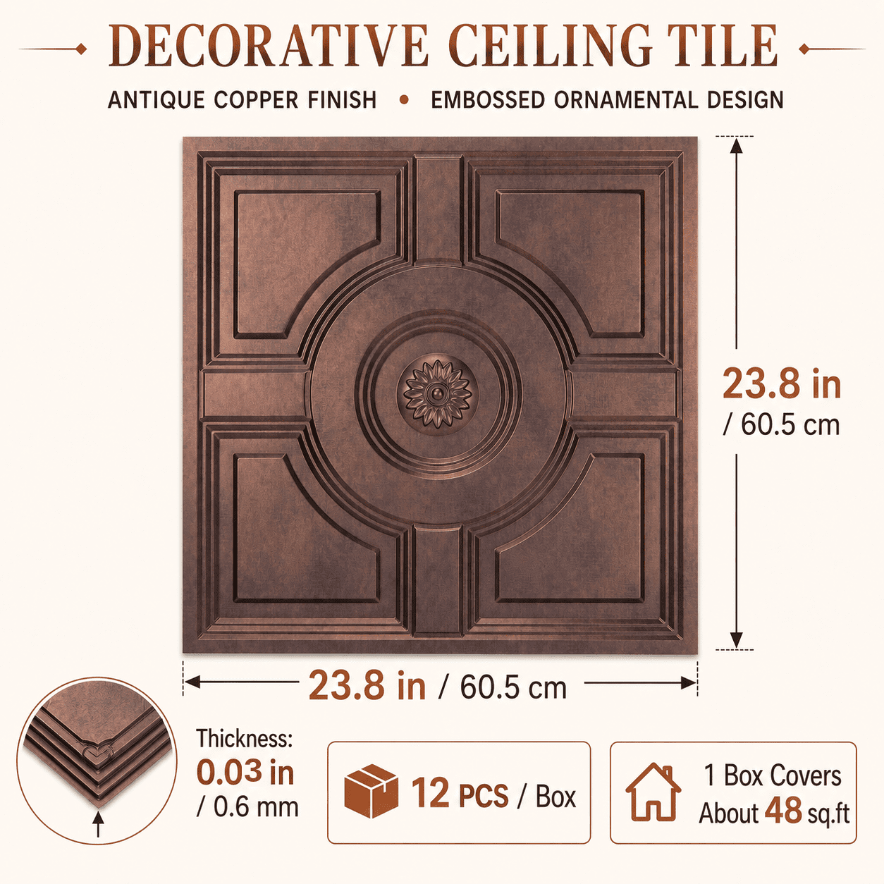Yeslife 12-Pack Decorative Tiles, 2 x 2 ft, Antique Copper Embossed, Waterproof Drop-in Panels for Ceiling, 48 sq ft