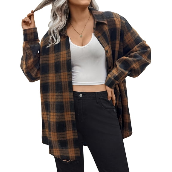 Zeagoo Womens Plus Size Flannel Plaid Shirt Roll Up Long Sleeve Mid-Long Button Down Shirts Casual Boyfriend Tops