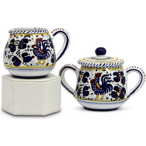 Orvieto Blue Rooster Sugar and Creamer Set-Deruta Ceramics