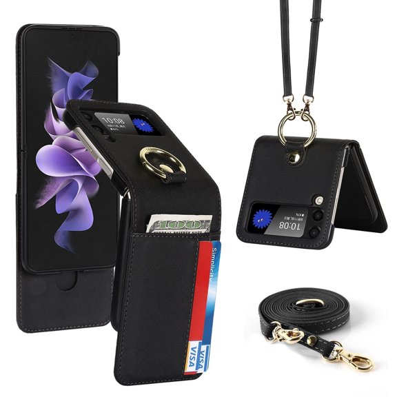 For Samsung Galaxy Z Flip 3 5G Leather Case Card Slot Ring Holder Strap Cover