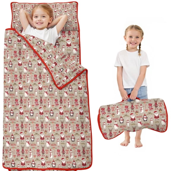 Beige Christmas Character Pattern Toddler Nap Mats for Kids Preschool,50"x20" Sleeping Mat Bag or Kids,Toddler Sleeping Bag,Toddler Nap Mat or Daycare