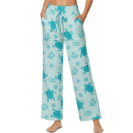 SCRAWLGOD Sea Turtle Conch Coral Starfish Blue Womens Palazzo Pants Drawstring High Waist Wide Leg Casual Pants Comfortable Stretchy Lightweight Flowy Trousers with Pockets S