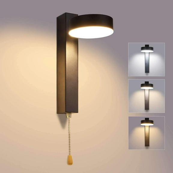 12W LED Iron Wall Light Indoor Tricolor Adjustable Wall Lamp with Pull Cord Switch 360° Rotatable Wall Lighting Fixture for Living Room Bedroom Hotel Kitchen Restaurant -Black
