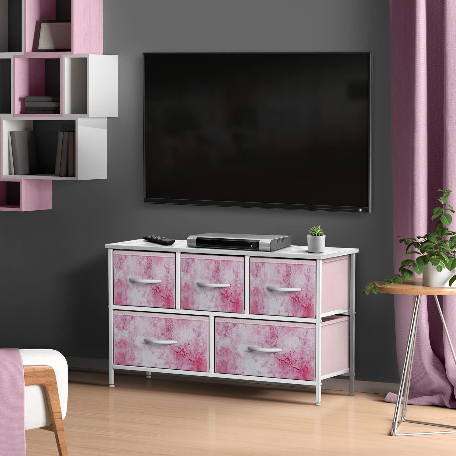 Sorbus 5-Drawer Dresser Storage Chest, Steel Frame, Wood Top, Fabric Bins, Tie-Dye Pink