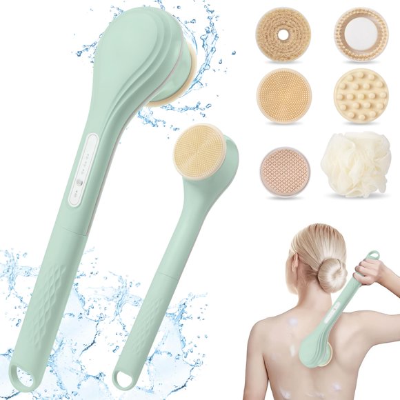LINGSFIRE Electric Body Brush Bath Brush Rechargeable Back Scrubber for Shower Exfoliating Bath Brush Long Handle for Shower Lotion Applicator for Back Sil