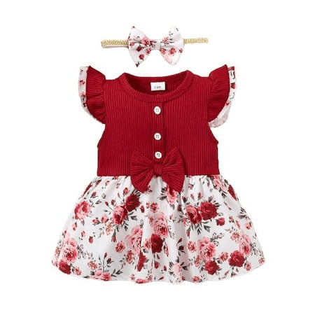 

Mikrdoo 6 Months Baby Girls Clothes Splice Floral Print 9 Months Baby Girls Sleeveless Ruffle Romper Dress With Headband 2Pcs Romper Sets Red