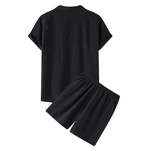 Men's Spring Two-Piece Suit Solid Color Short Sleeve Notch Lapel Shirt with Matching Tailored Shorts