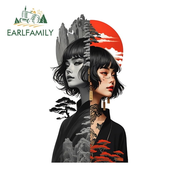 EARLFAMILY 5.1 Inch Samurai Female Car Sticker Personality Occlusion Scratch Laptop Computer Rearview Mirror DIY Decal Fashionable Waterproof Vinyl Car Wrap