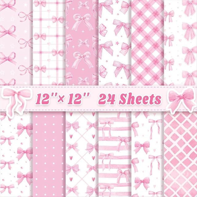 24 Sheets Scrapbook Paper 12inch X 12inch Double-Sided Bows Pattern Paper Decorative Decoupage Cardstock Bow