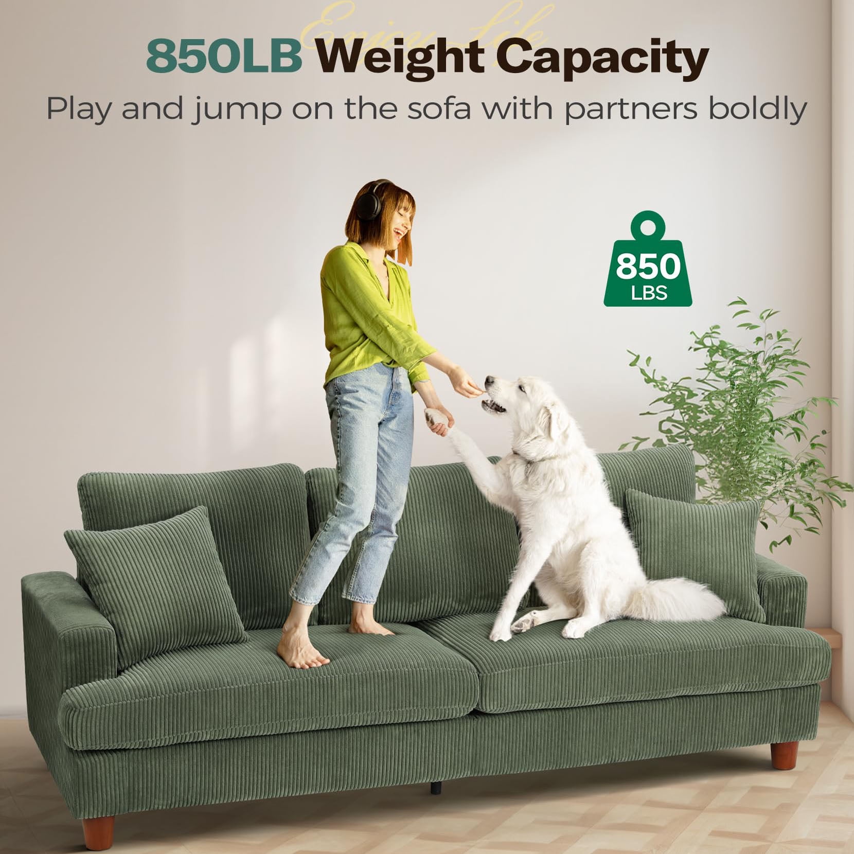 87" Corduroy Sofa,3 Seater Sofa with Extra Deep Seats,Neche Comfy Upholstered Couch for Living Room,2 Pillows,Green
