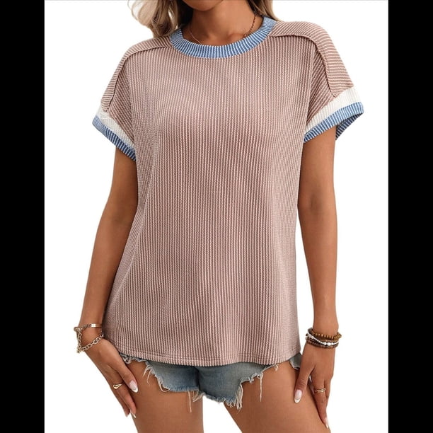 Blusa Informal de Corta con Cuello Redondo y Bloques de Color Acanalados para Mujer Caqui Oscuro M