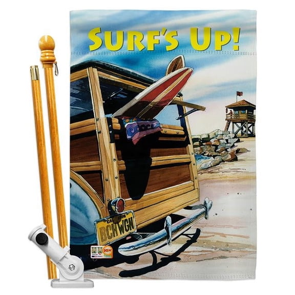 Breeze Decor BD-SU-HS-106068-IP-BO-D-US13-SB 28 x 40 in. Beach Wagon Summer Fun in the Sun Impressions Decorative Vertical Double Sided House Flag Set with Pole Bracket & Hardware