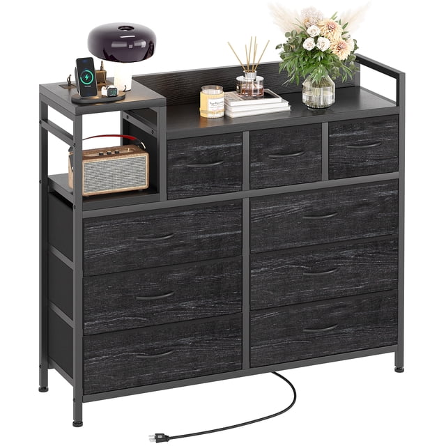 Meuble TV avec Prise Électrique, Commode de Chambre avec 9 Tiroirs, Commode pour Salon, Couloir