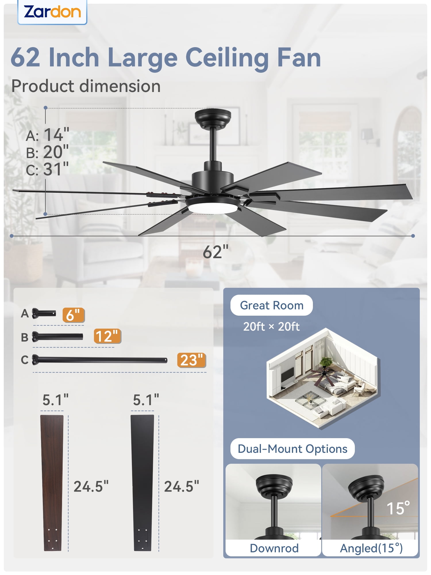 Zardon 62 inch Ceiling Fan with Light and Remote Control - Quiet DC Motor, 6 Speeds, Dual Finish Blades for Indoor Use - Black