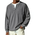 thumbnail image 2 of Nokdvo Men's Waffle Knit Long Sleeve Shirt Sherpa Quarter Button Up Henley Casual Pullover Top Fall Winter Textured Knit Solid Color Loose Sweatshirt,Gray M, 2 of 9