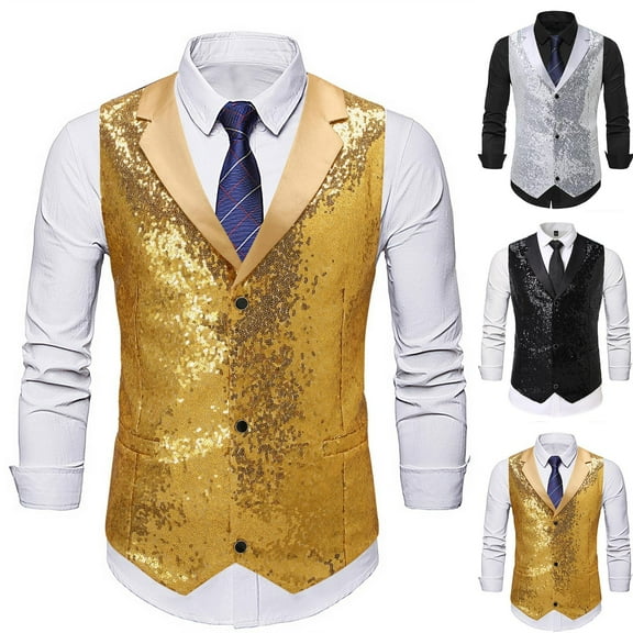 Puntoco Sequin Vest Party formal V-neck Shiny Waistcoat Bowtie Set for Wedding Events Silver XL(XL)