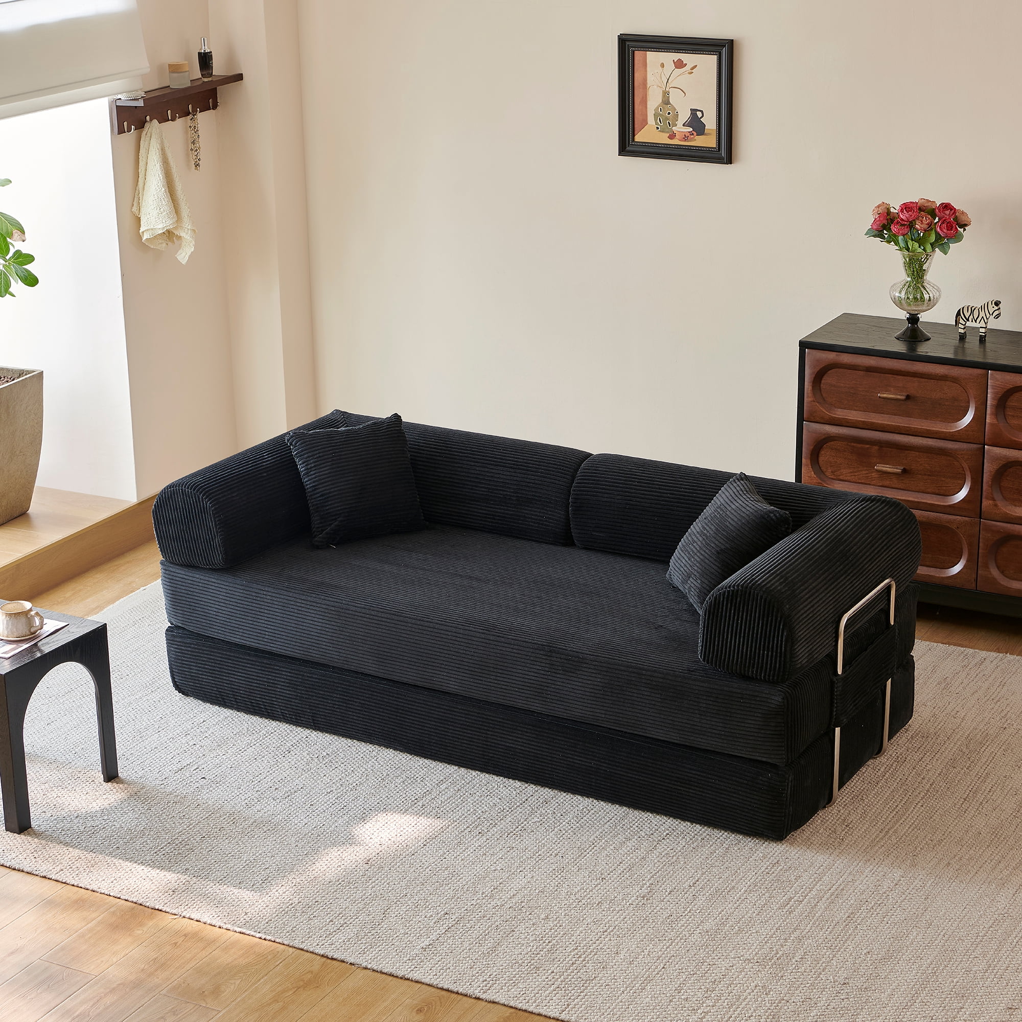 78.8" Compression Boneless Floor Sofa Bed, Convertible Couch with L-Shaped Armrests, Upholstered Modular Futon Sleeper Loveseat