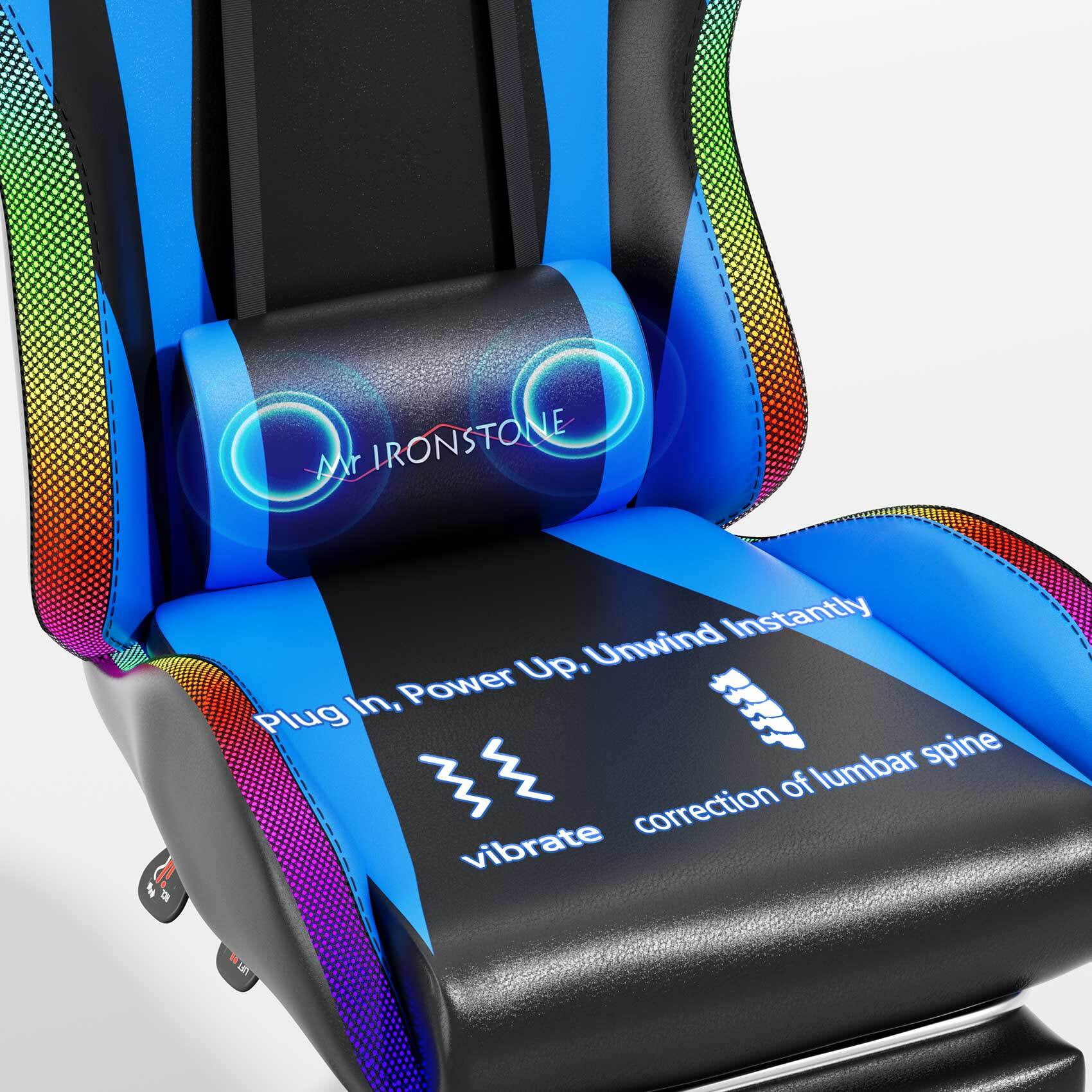 Mr IRONSTONE Gaming Chair with Bluetooth Speakers and RGB LED Lights, Ergonomic Massage Computer Chair with 3D Armrests and Footrest, Blue/Black