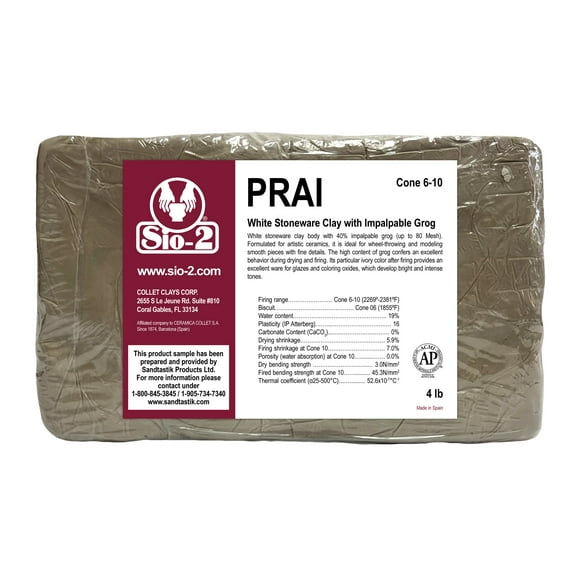 SIO-2 PRAI White Stoneware Ceramic Pottery Clay | 4 lb, Cone 6-10 | High Fire Kiln-Fired Clay For Wheel-Throwing, Hand Building, Modelling - Create Pottery and Sculpted Artwork, Ready-To-Use