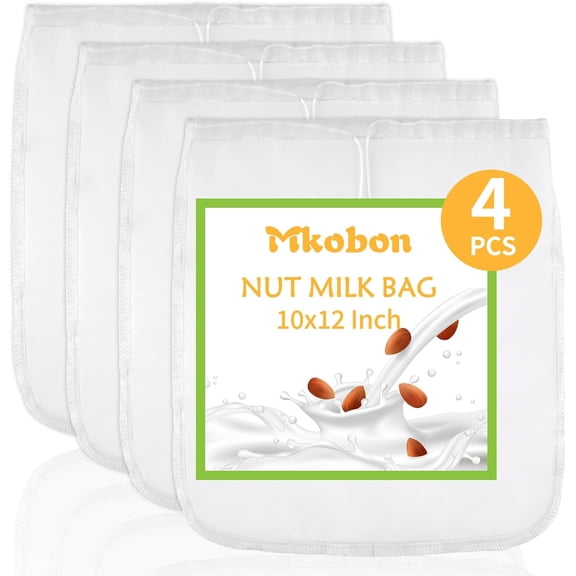 4 Pcs Food Grade Nut Milk Bag Reusable, Grade 100, 10" x 12" Nut Bag Strainer, Fine Mesh Nylon Cheese Cloth Bags for Straining Oat Almond Milk, Greek Yogurt, Juice, Cold Brew Coffee, Beer Tea