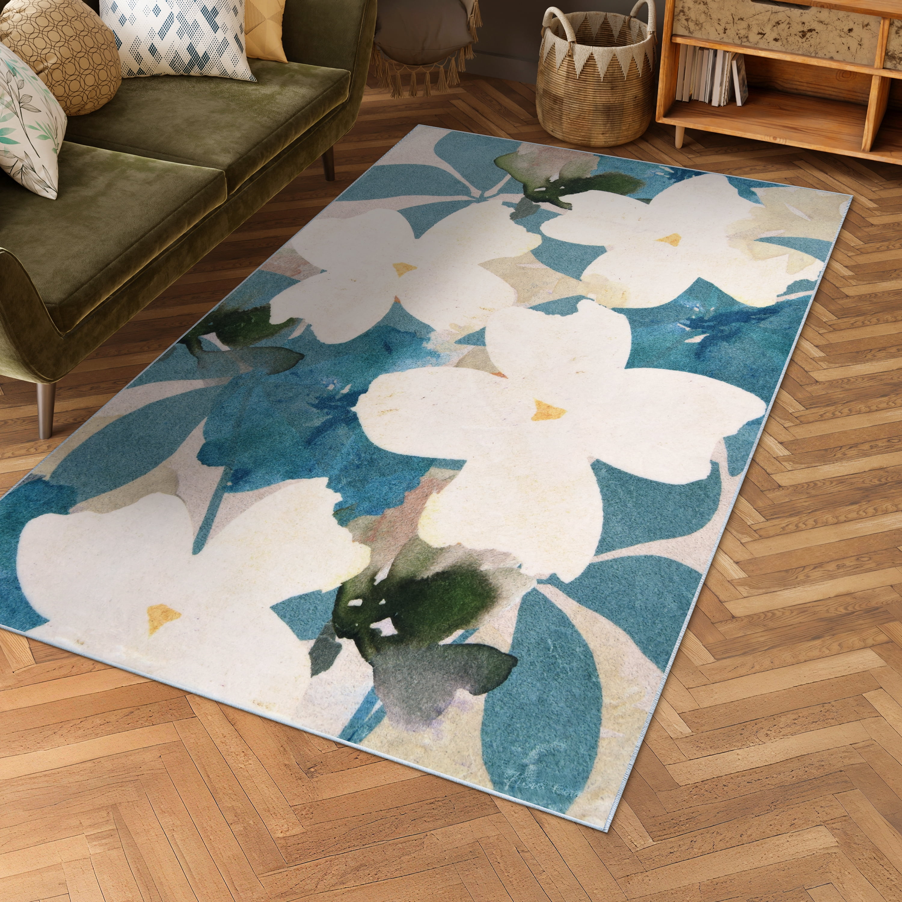 Peach Teal Floral, 5'x8' Hand Washable Flowers Art Area Rug