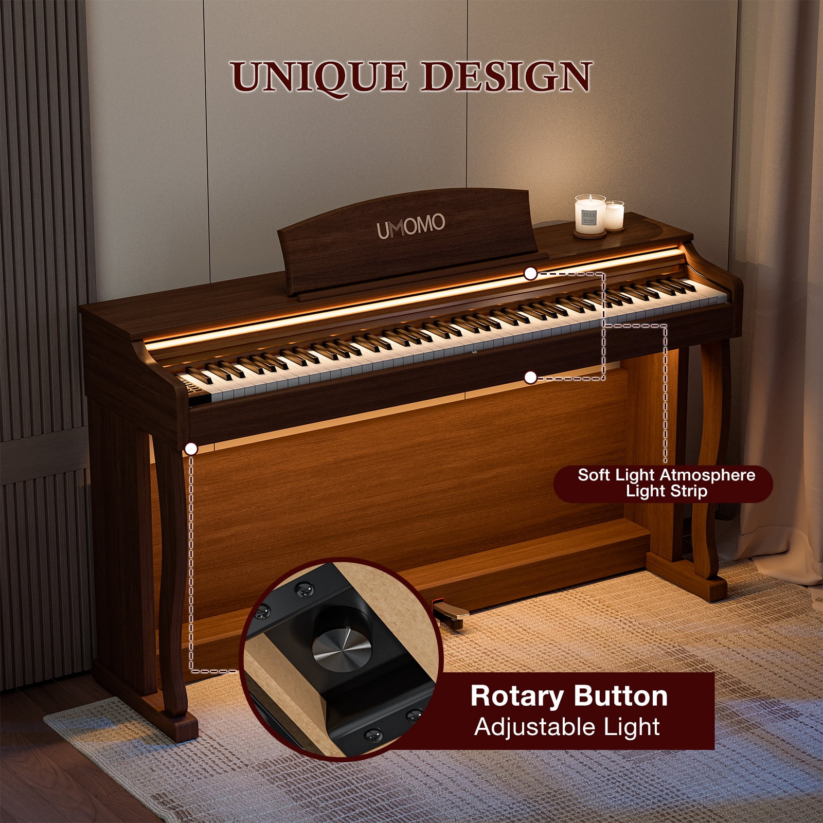 UMOMO U-732 88 Weighted Key Digital Piano with Adjustable Light, Hammer Action Electric Piano with Piano Stand, Full Size Electronic Piano Keyboard for Beginner, Adults, Brown