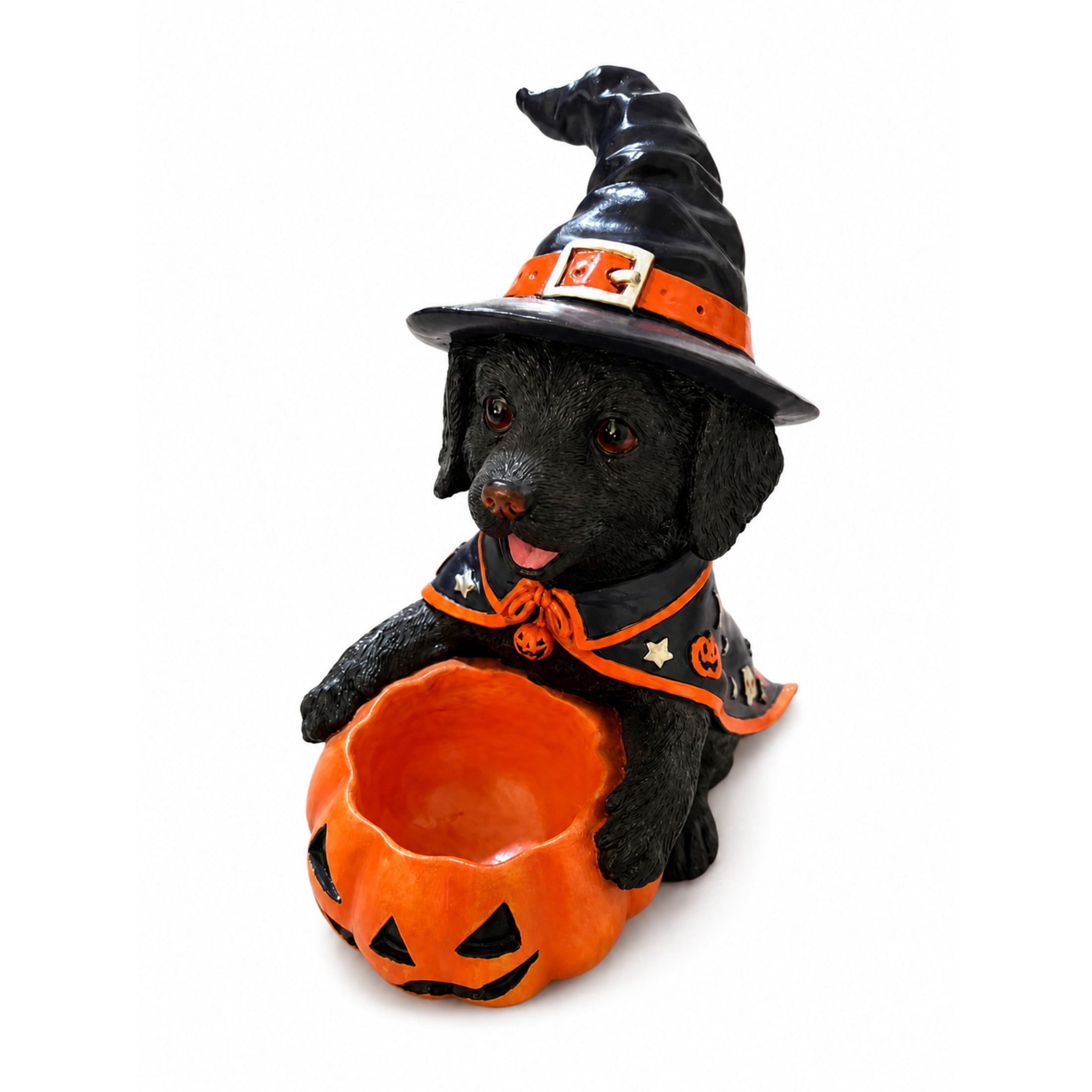 Noble House Halloween Labrador Retriever Witch Puppy Figurine with Pumpkin Candy Bowl, Decorative Statue, Black