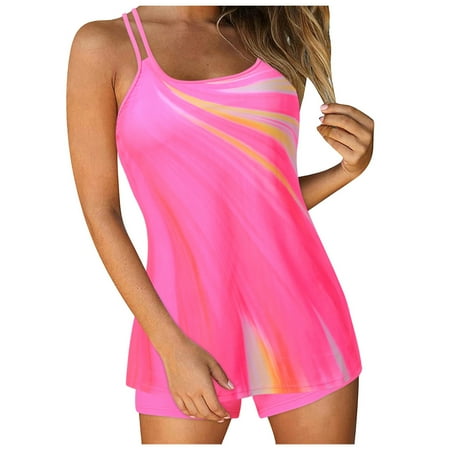 Pzocapte Swimsuits for Women Swimsuits for Women Swimsuit for Women Top Swim Dress High Waist Women Plus Size Vintage Print Strappy Back Tankini Set Two Piece Swimdress Panty Bathing Suit Beachwear W