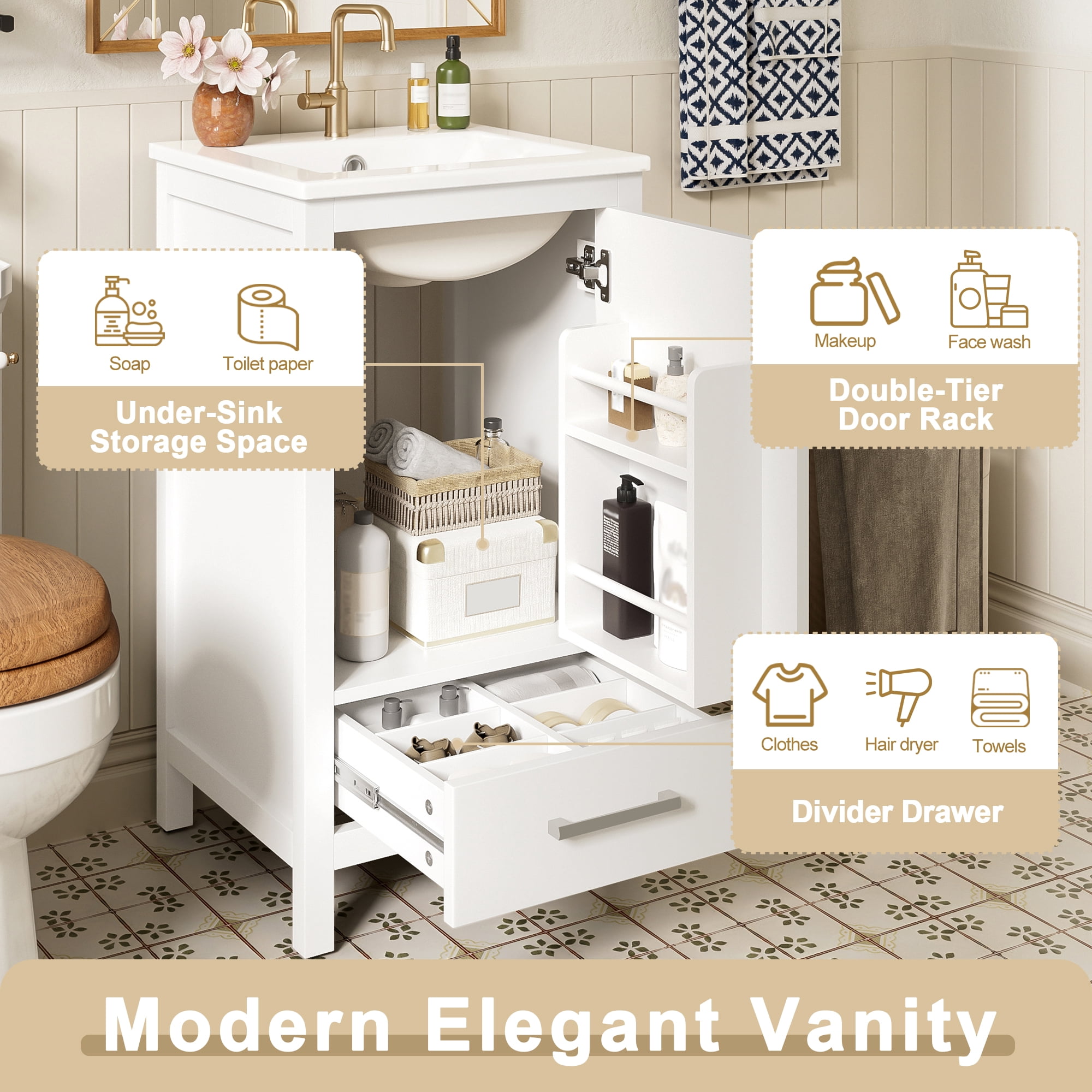 18" Sturdy Wood Small Bathroom Storage Cabinet, Bathroom Organizer Cabinet with Soft Close, Compact Vanity Unit for Small Spaces with Ceramic Sink for Bathroom, White
