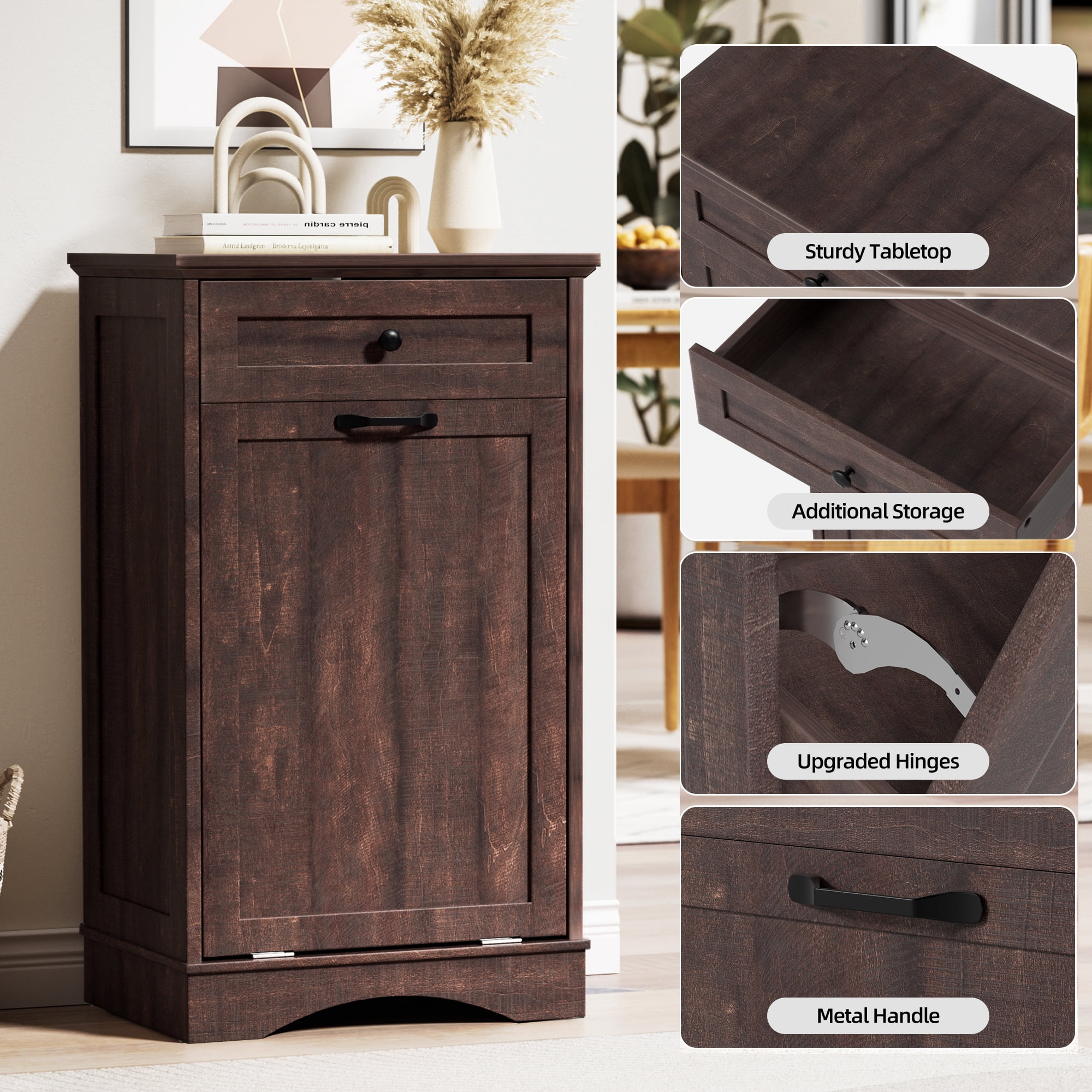 AHB 13 Gallon Tilt Out Kitchen Trash Cabinet with Drawer, Single Trash Can Storage Organizer, 20.9"L x 13.55"W x 38.5"H , Brown