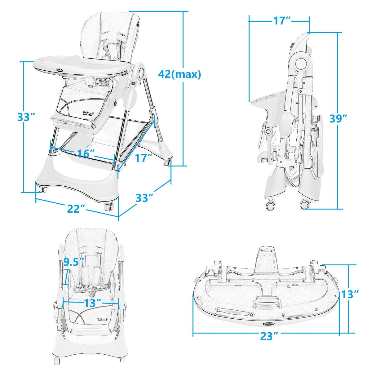 INFANS High Chair with One-Hand Removable Tray, 4 Lockable Wheels & Large Storage Basket - Multi-Adjustable Height, Recline & Footrest, Removable Cushion, Foldable for Baby, Infant& Toddler, Grey