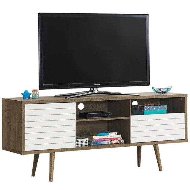 Gymax Meuble Télé/console Moderne Armoire 3 Tablettes Tiroir de Rangement Pied Évasé Bois/blanc