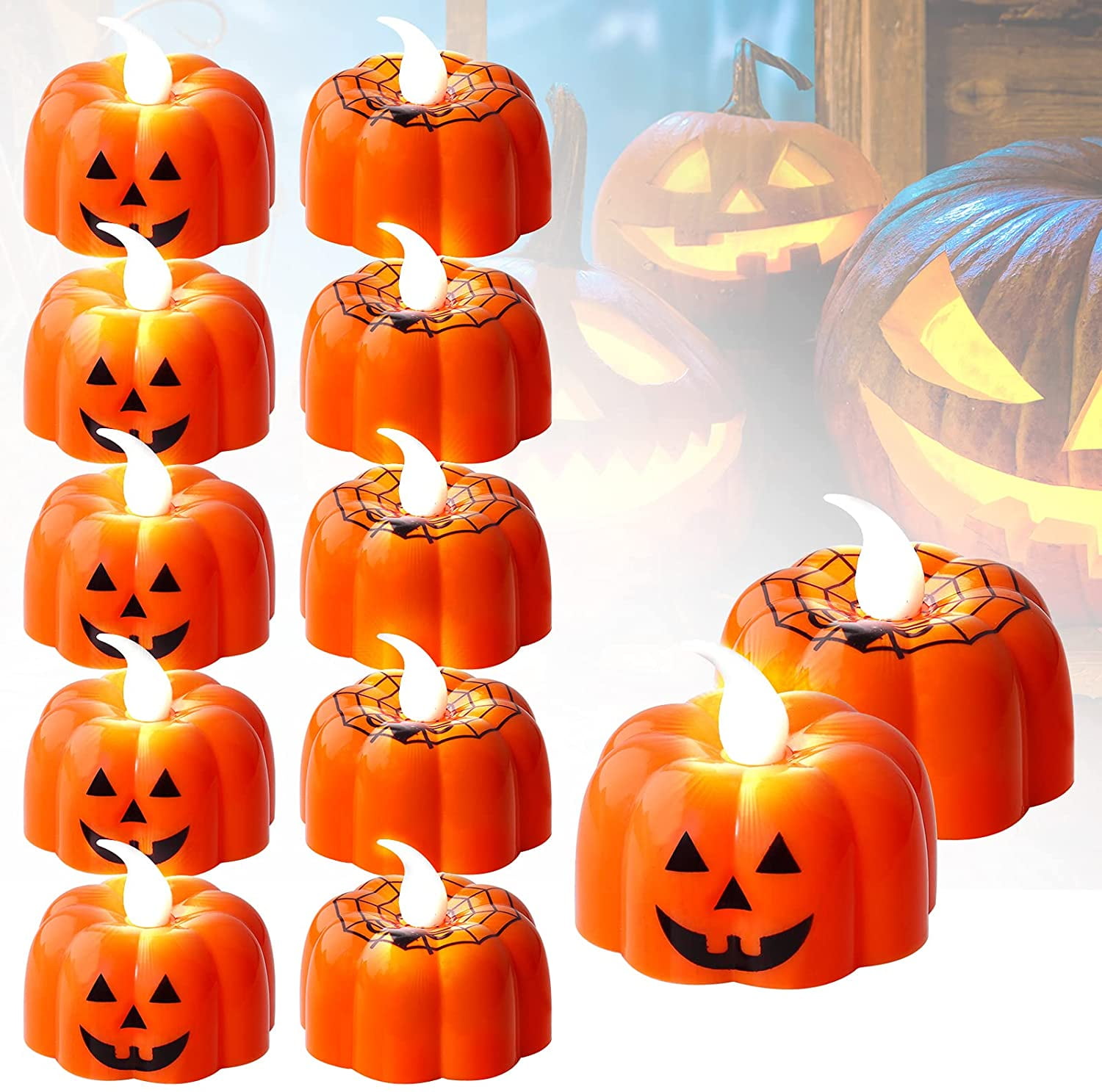 12Pcs 3D Pumpkin LED Candle Light Flameless Tealights Flickering Halloween Decor 