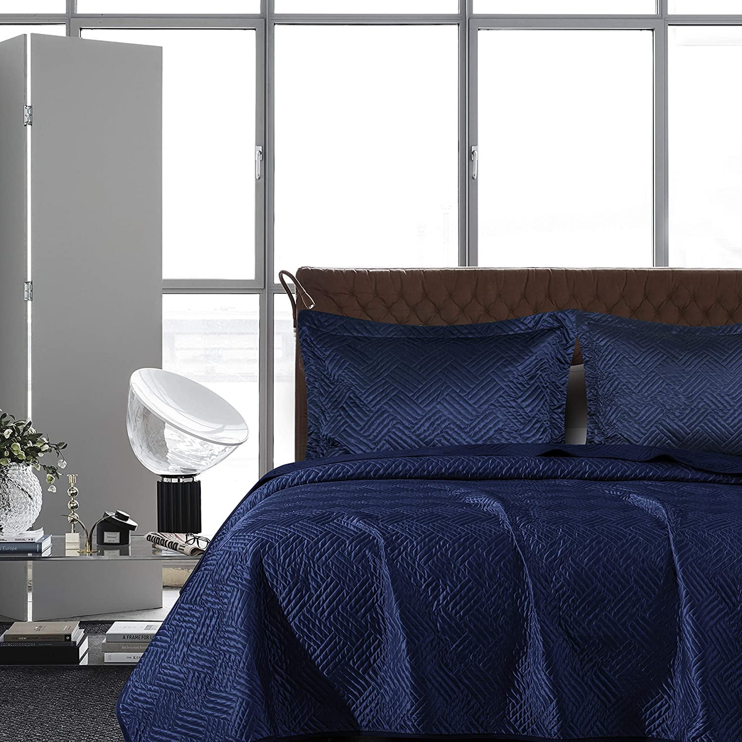 Satin Queen Quilt Coverlet Bed Set, 3 Pieces Geometric Pattern Quilted Bedspread, Navy Blue