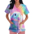 thumbnail image 4 of Fgvctg Easter Scrubs for Women Cute Bunny Print V Neck Short Sleeve Top Scrubs Casual Work Medical T Shirts Plus Size Scrub Nursing Uniforms Workwear Shirts with Pocket Light pink XL, 4 of 5