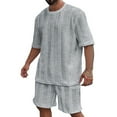 thumbnail image 2 of AWARDER Men's Summer 2-Piece Set, Knitted Solid Color Jacquard Short Sleeve T-Shirt and Casual Shorts, Breathable Lounge Outfit For Spring and Summer Season,Light Gray,3XL, 2 of 9