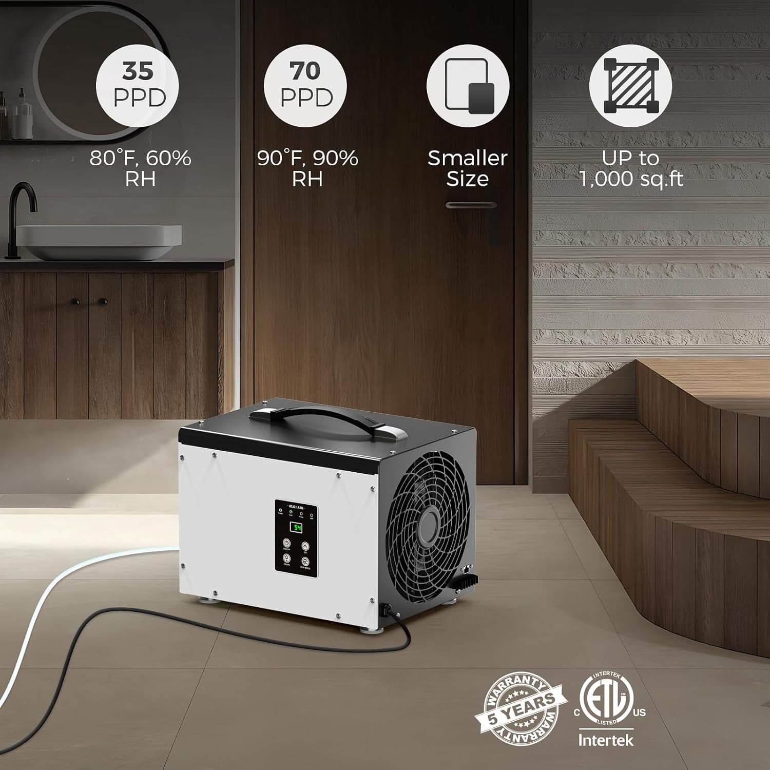 ALORAIR 70 Pints Crawl Space/Basement Dehumidifier with Pump, Automatic Defrost, Up to 1000 Sq Ft Commercial Dehumidifiers, Memory Start, cETL Listed