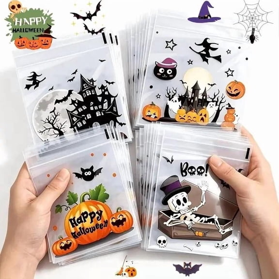 (Weiyi-EC)-- 100Pcs Small Halloween Treat Bags,Clear Self Adhesive Candy Bags, Plastic Cookie Bags for Halloween Goodie Bags, Candy Bags for Party Favors