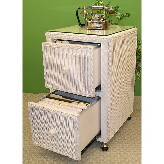 Wicker File Cabinet 2 Drawers with Castors and Glass Top, White