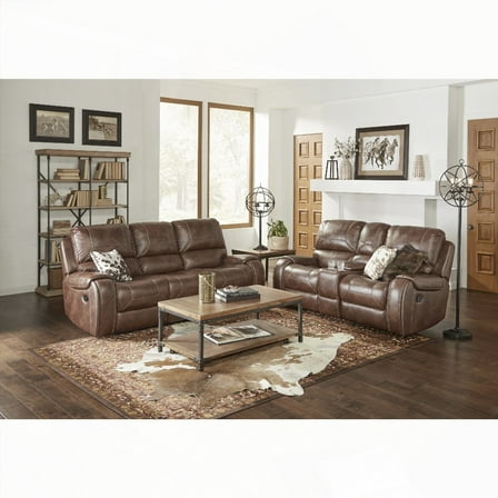 Achern Brown Leather Manual Reclining Sofa and Loveseat (220×80×75cm) for Living Room with Storage and USB